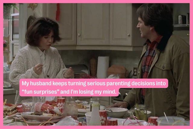 A screenshot of Miranda Hillard and Daniel Hillard in 'Mrs. Doubtfire,' arguing over the surprise pa...