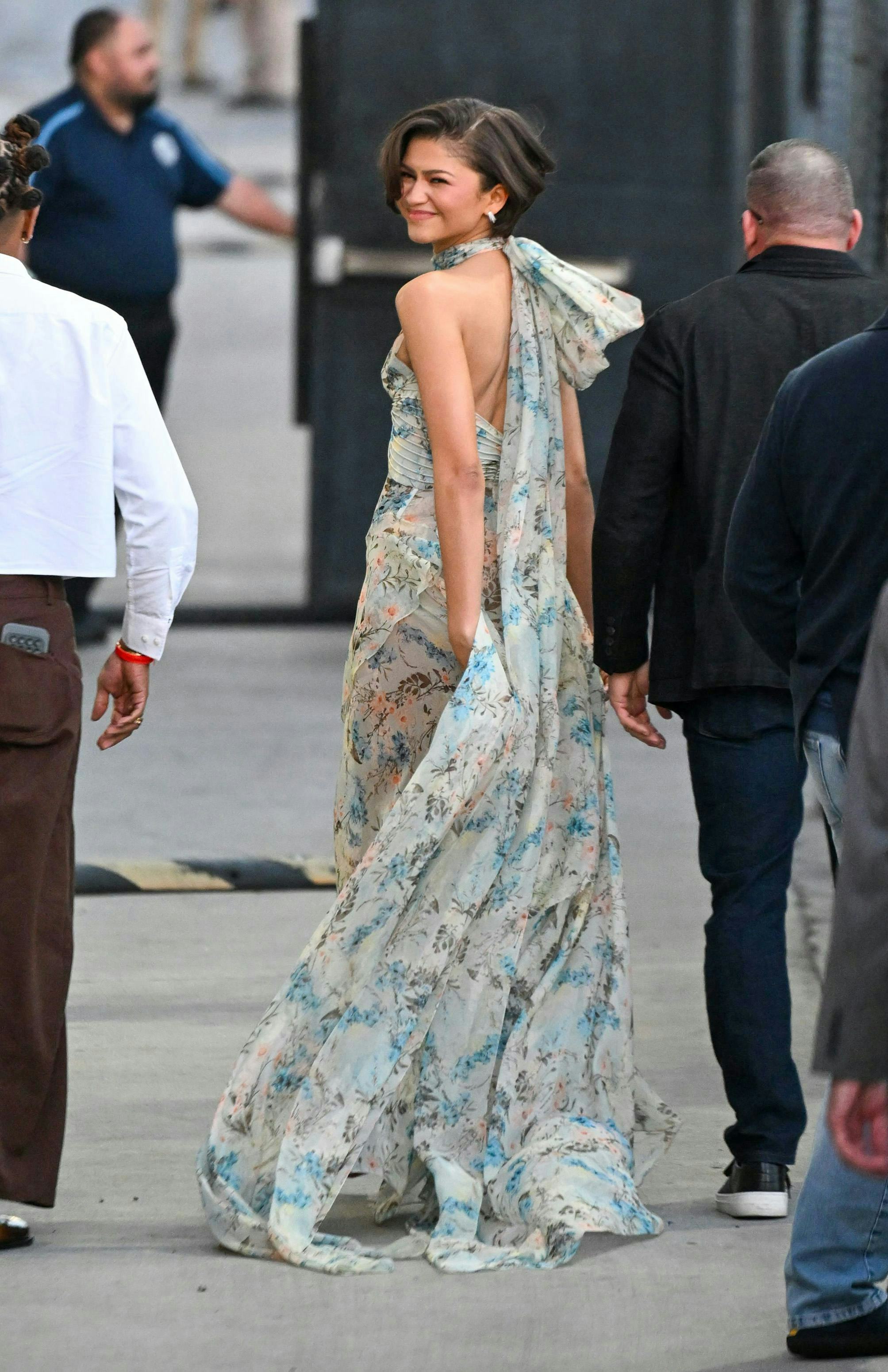 Zendaya wearing a sheer floral dress to 'Jimmy Kimmel Live! on March 16, 2026 in Los Angeles, Califo...