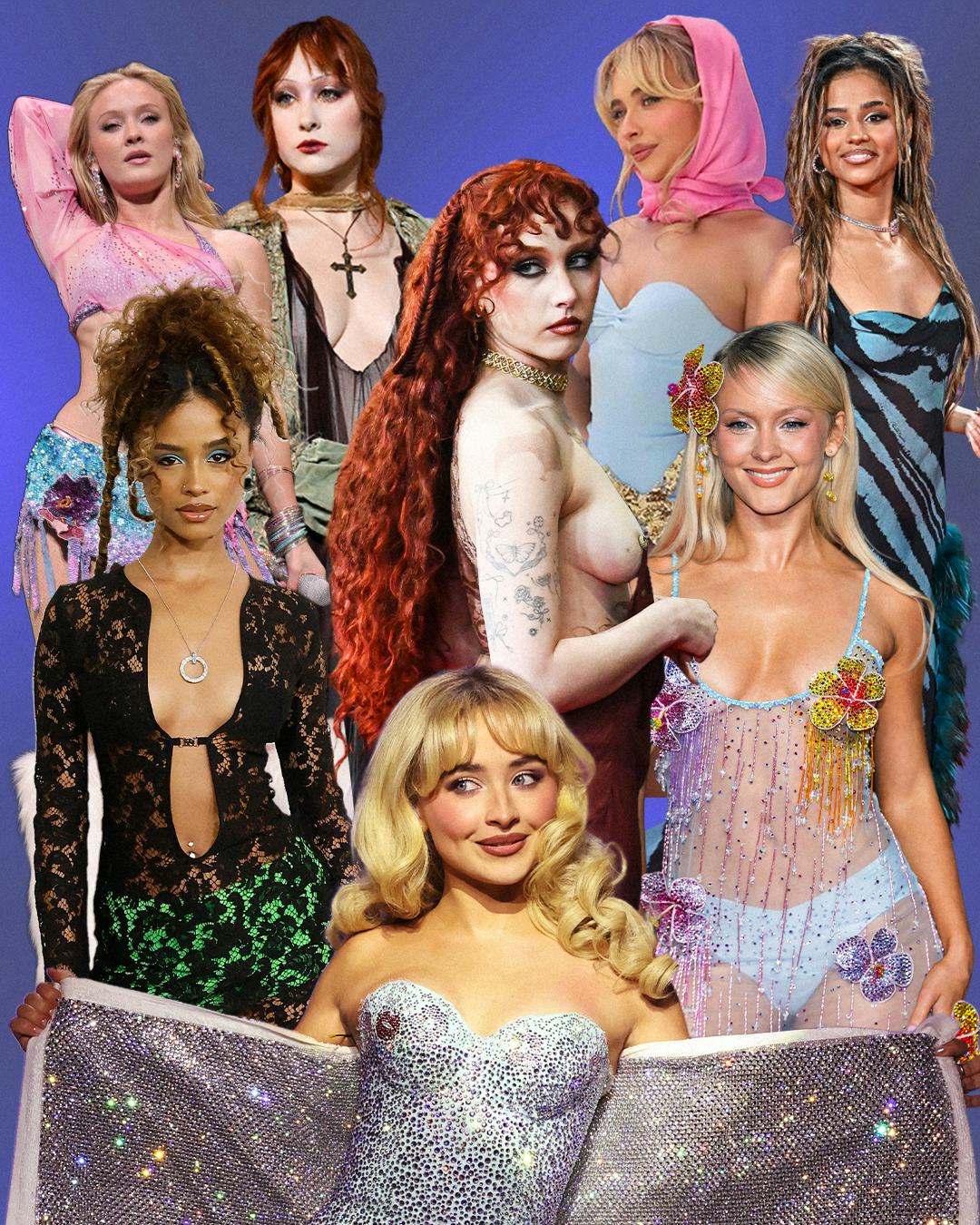 a collage with tyla, chappell roan, sabrina carpenter, and zara larsson