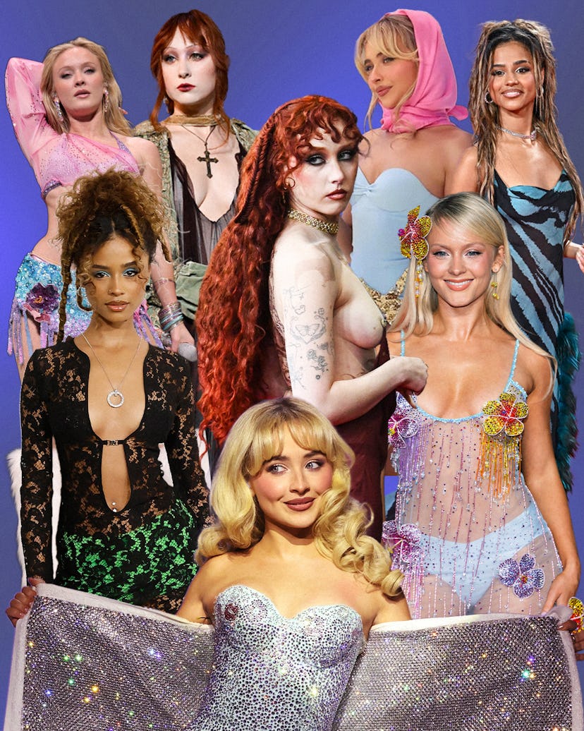 a collage with tyla, chappell roan, sabrina carpenter, and zara larsson