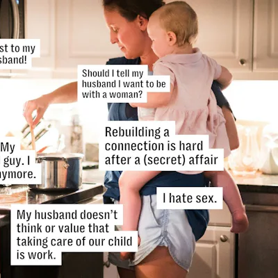 A woman in a kitchen holds a baby on her hip while cooking. Text bubbles around her express various personal thoughts about relationships and identity.