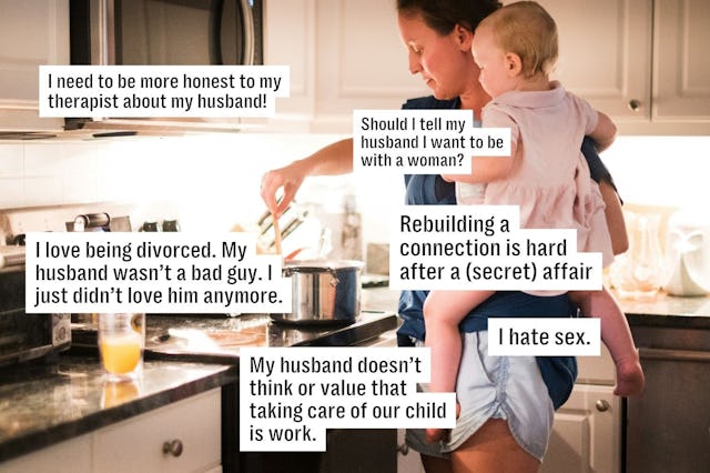 A woman in a kitchen holds a baby on her hip while cooking. Text bubbles around her express various ...