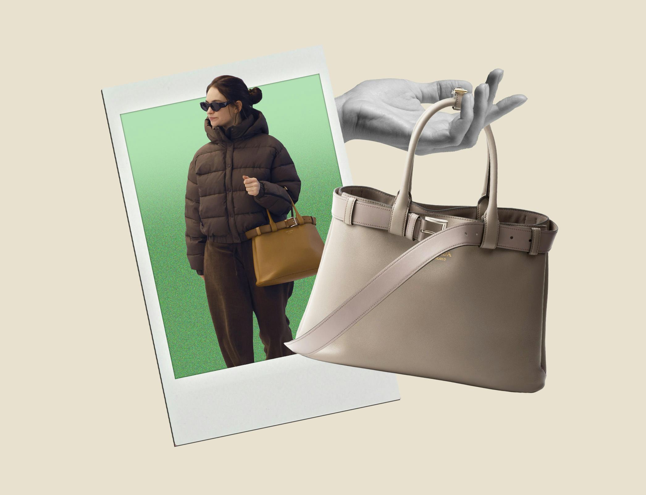 Lily James carrying Prada's Buckle bag.