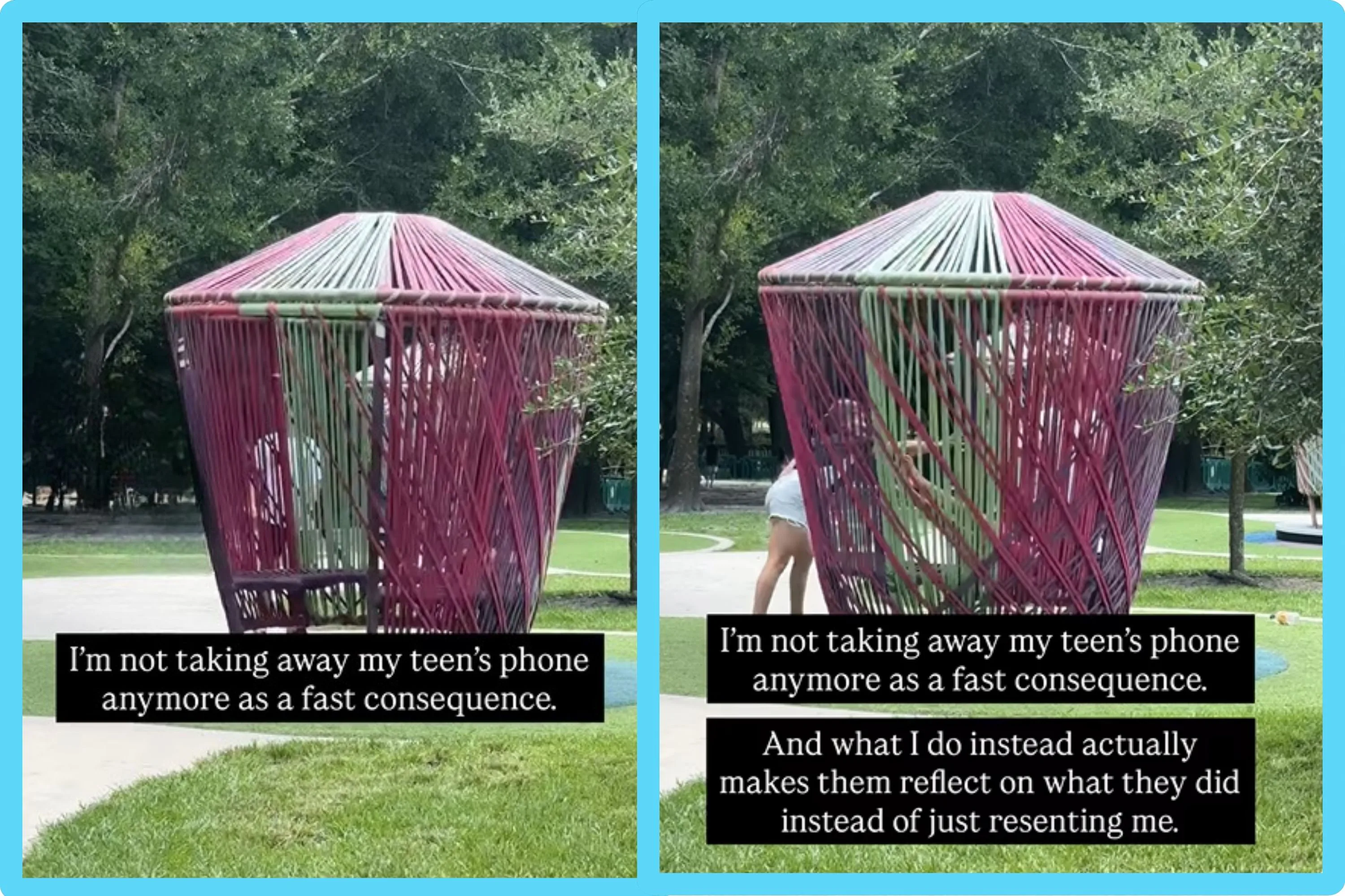 Split image of kids playing at playground with text overlay that reads, "I'm not taking away my teen...