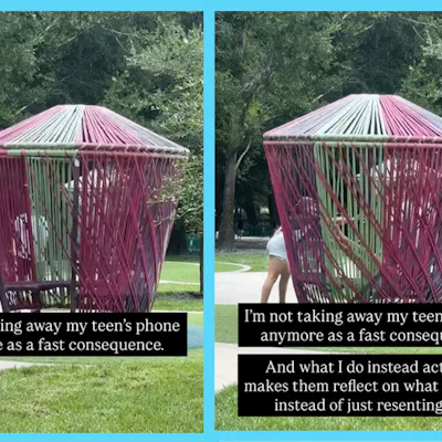 Split image of kids playing at playground with text overlay that reads, "I'm not taking away my teen's phone anymore as a fast consequence."