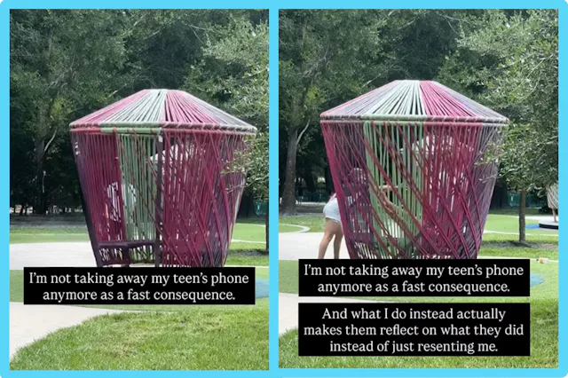 Split image of kids playing at playground with text overlay that reads, "I'm not taking away my teen...