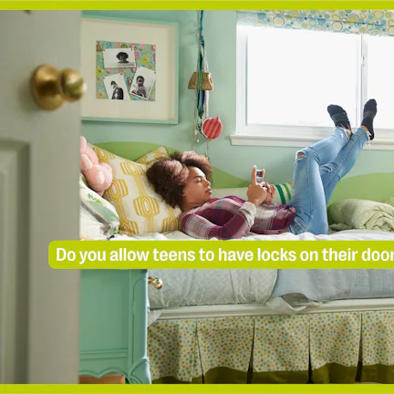 A teenager in their bedroom, on their phone, with text overlay that reads, "Do you allow teens to ha...