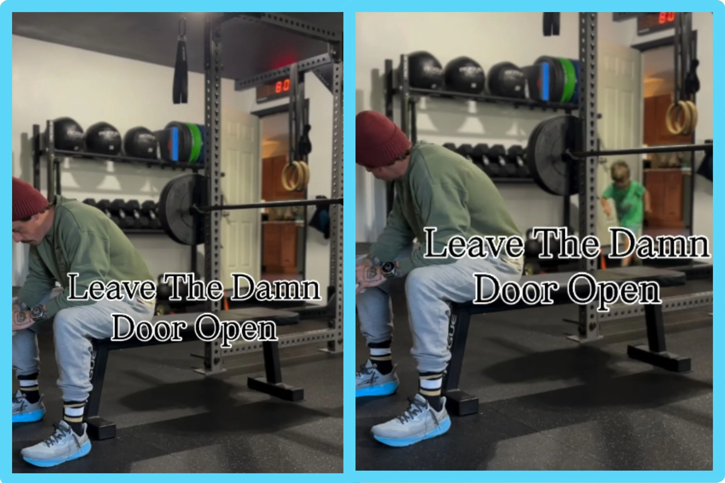 A screenshot of an Instagram reel featuring a man on a workout bench with a child interrupting. The ...