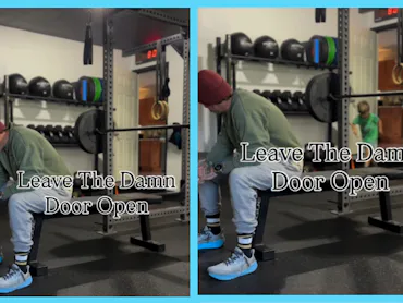 A screenshot of an Instagram reel featuring a man on a workout bench with a child interrupting. The ...