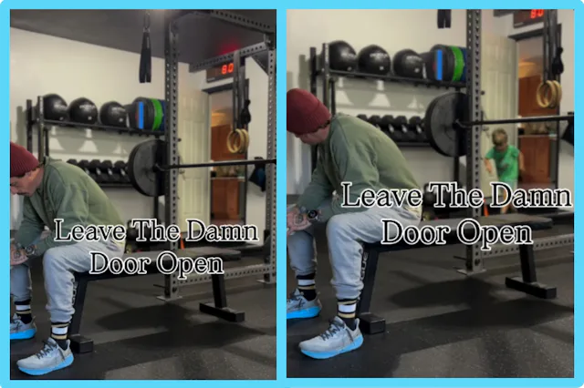 A screenshot of an Instagram reel featuring a man on a workout bench with a child interrupting. The ...