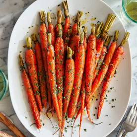 Glazed carrots on a serving platter in a story about easy easter recipes