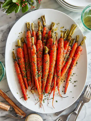 Glazed carrots on a serving platter in a story about easy easter recipes