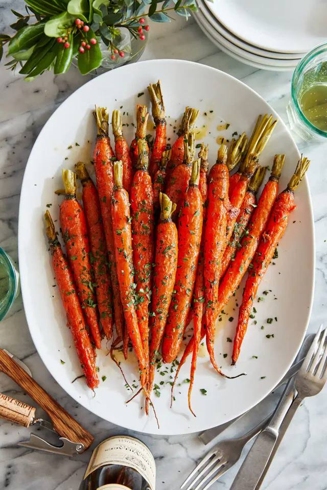 Glazed carrots on a serving platter in a story about easy easter recipes
