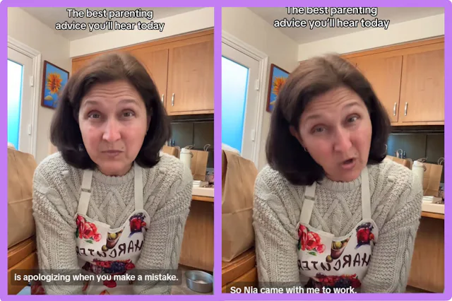 Screenshots of a TikTok video featuring a mom sharing her best parenting advice.