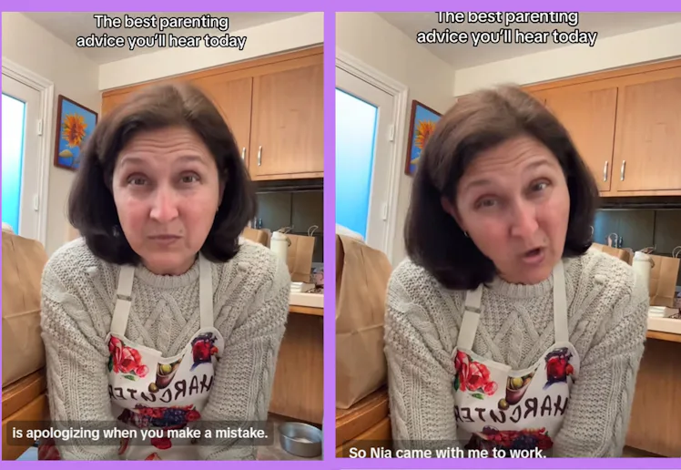 Screenshots of a TikTok video featuring a mom sharing her best parenting advice.