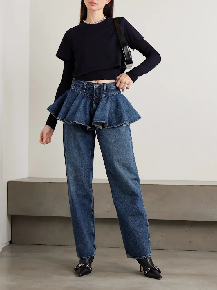 Peplum High-Rise Barrel-Leg Jeans