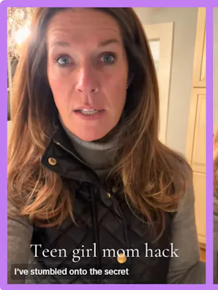 Screenshots of a TikTok where a woman shares her "secret" for getting her teen daughter to talk to h...