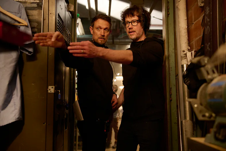 Matt Bettinelli-Olpin and Tyler Gillett behind the scenes of Ready or Not 2: Here I Come