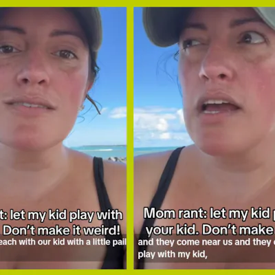 Screenshots of a TikTok video featuring a mom sharing a story about her daughter trying to make friends at the beach.