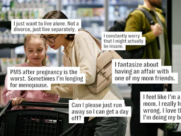 A mother and child are in a grocery store near a shopping cart. Text overlays express various parent...
