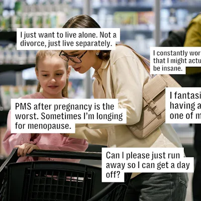 A mother and child are in a grocery store near a shopping cart. Text overlays express various parental thoughts and feelings.