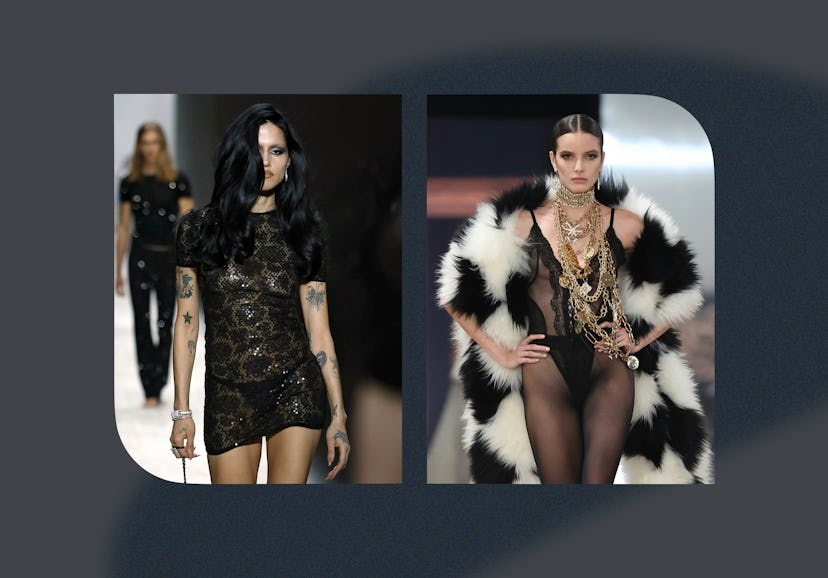 Amelia Gray in Gucci, and a model at Blumarine