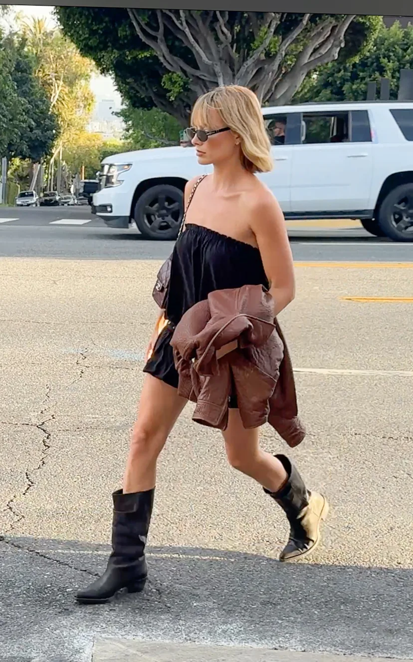 margot robbie mini dress Robbie's Black & Fuzzy Sandals: Summer Outfit Pics Hollywood Life Margot Robbie Just Wore an