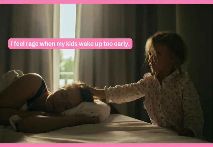 Photo of a child waking up her mother with text overlay that reads, "I feel rage when my kids wake u...