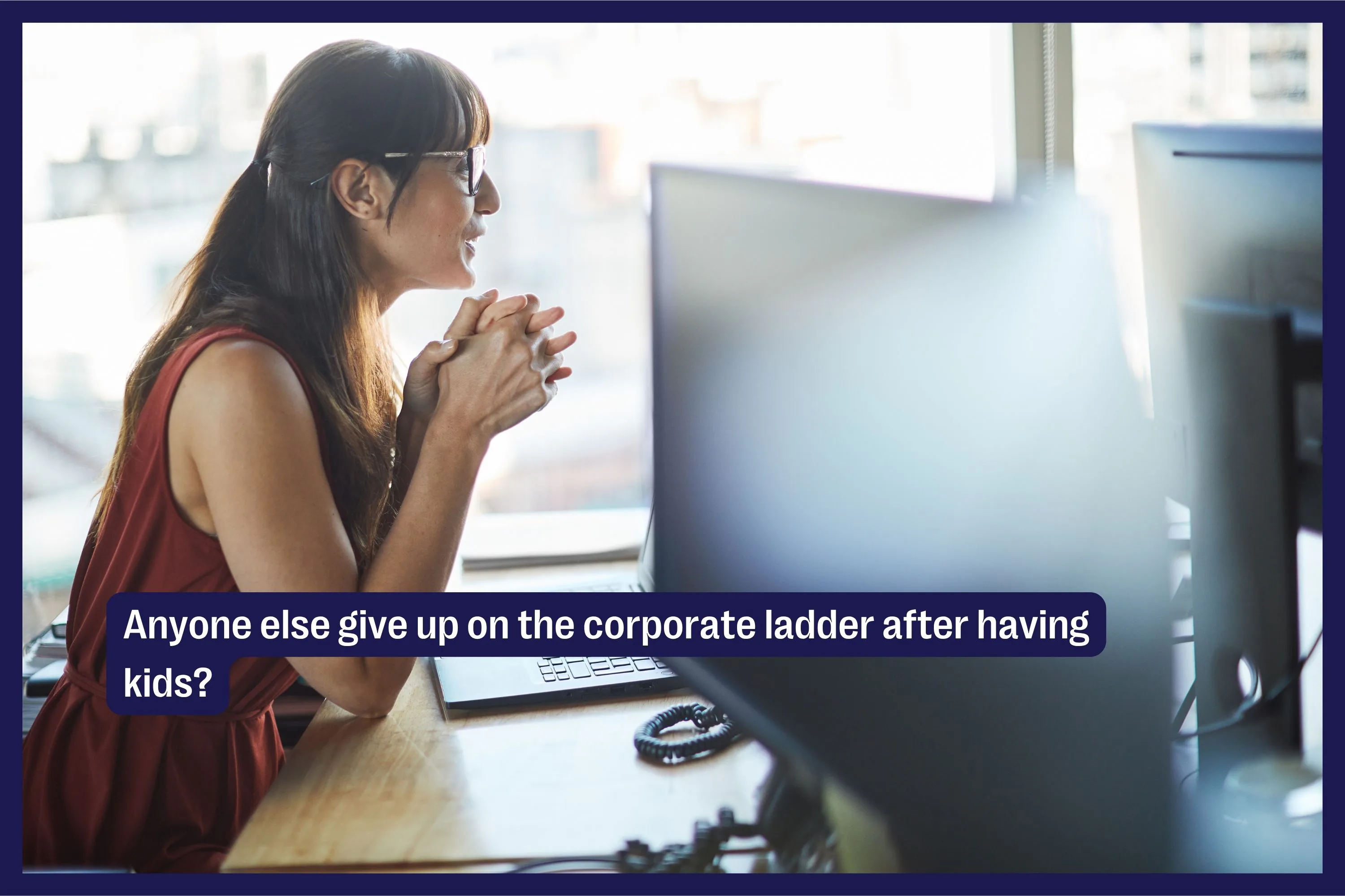 A woman sips a coffee while at her desk at work. 