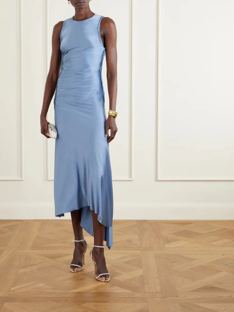 Asymmetric Gathered Satin-Jersey Dress