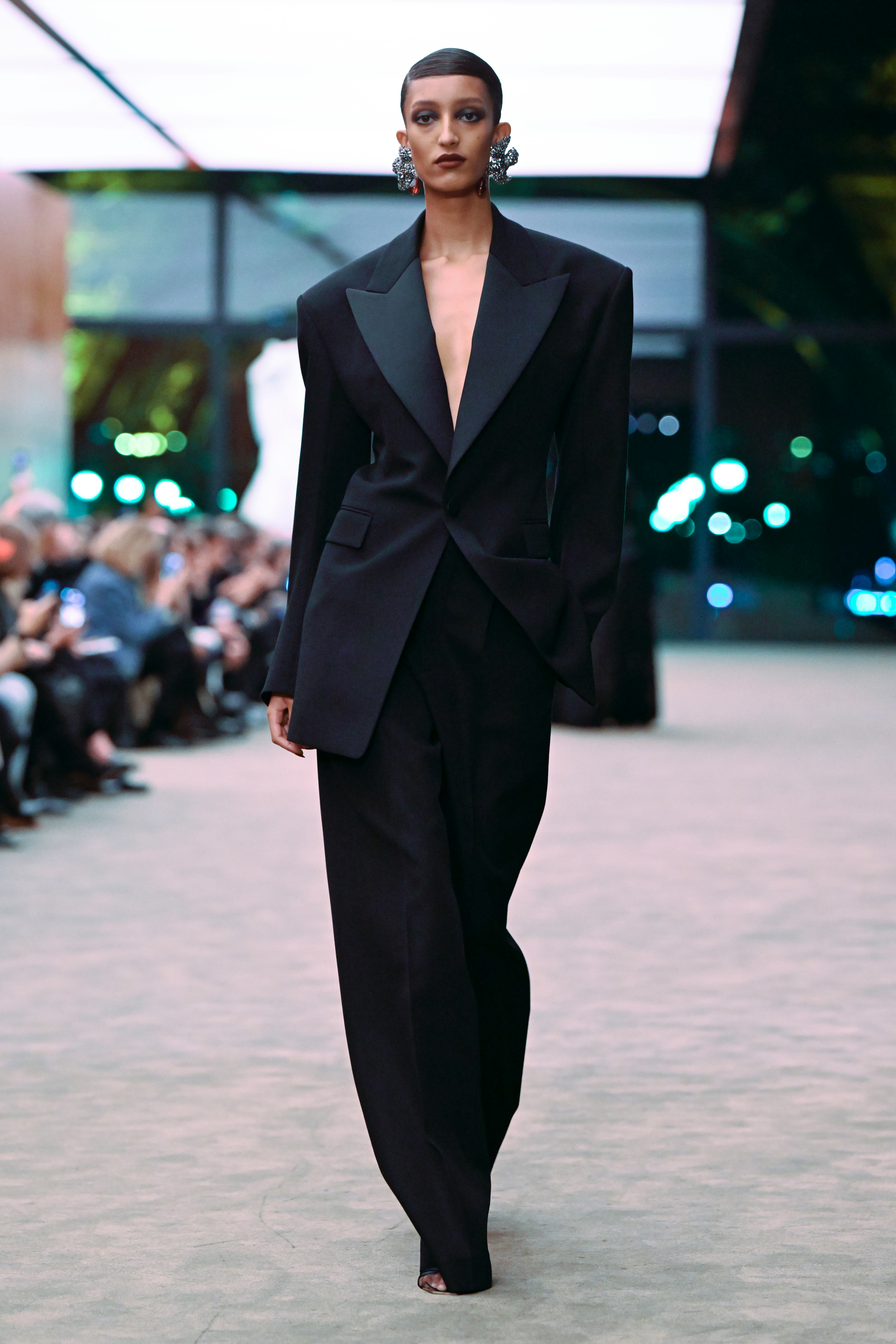 Model on the runway on the runway at the Saint Laurent fashion show as part of Paris Fashion Week Fa...