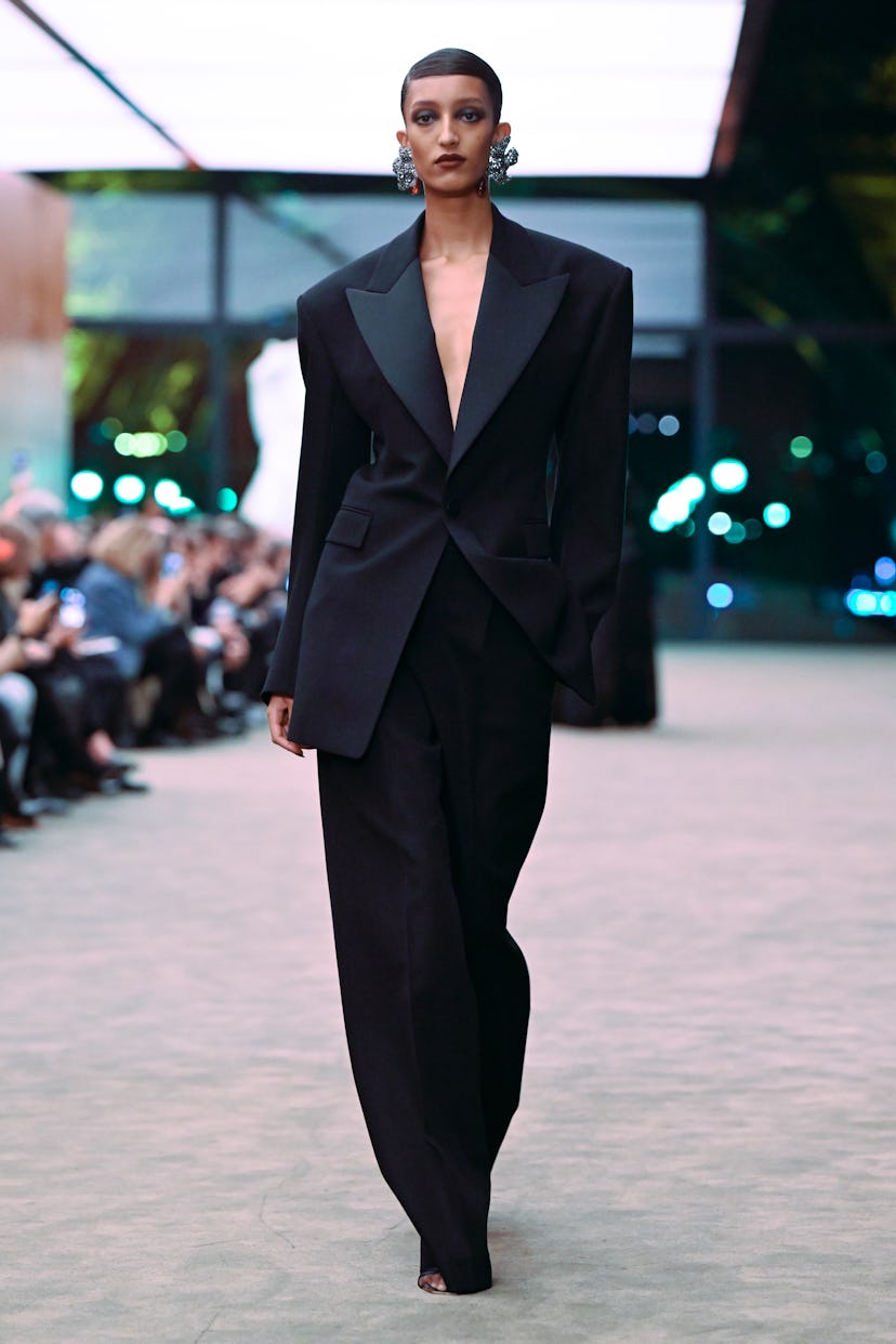 Model on the runway on the runway at the Saint Laurent fashion show as part of Paris Fashion Week Fa...