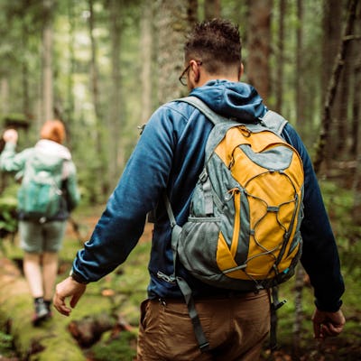 Two people with backpacks hike through a dense, green forest. One is in focus, wearing a blue jacket with a yellow backpack, while the other walks ahead.