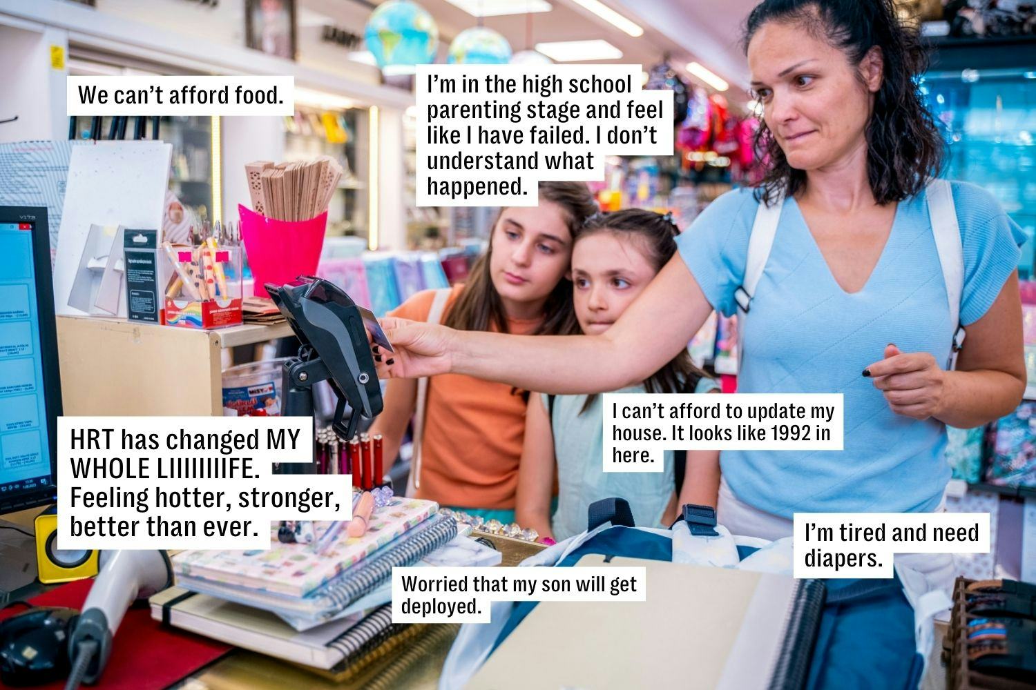 A woman at a store checkout counter with two children, appearing concerned. Various stress-related c...