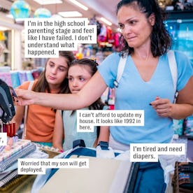 A woman at a store checkout counter with two children, appearing concerned. Various stress-related c...