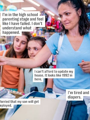 A woman at a store checkout counter with two children, appearing concerned. Various stress-related c...