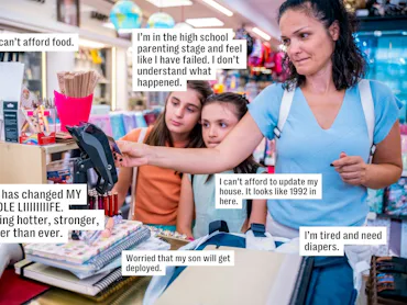 A woman at a store checkout counter with two children, appearing concerned. Various stress-related c...