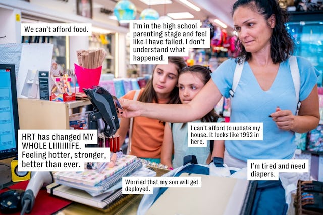 A woman at a store checkout counter with two children, appearing concerned. Various stress-related c...
