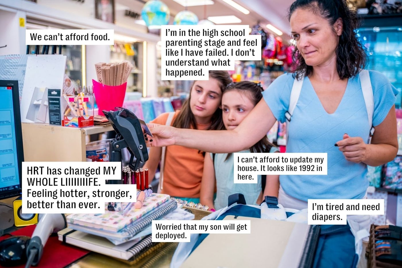 A woman at a store checkout counter with two children, appearing concerned. Various stress-related captions are around them, discussing financial and personal issues.