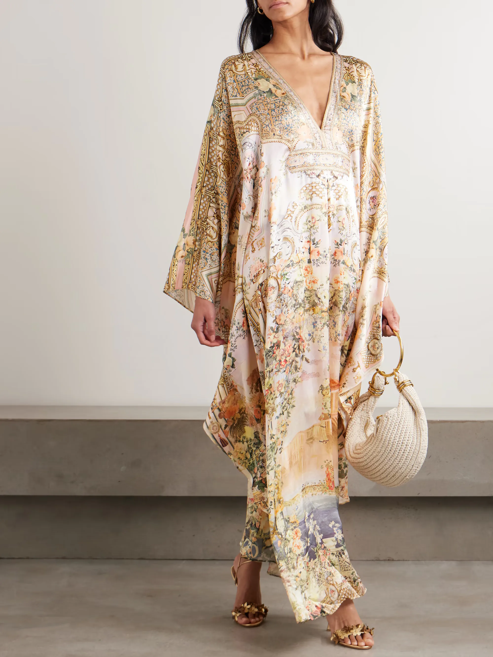 Crystal-Embellished Printed Silk Kaftan