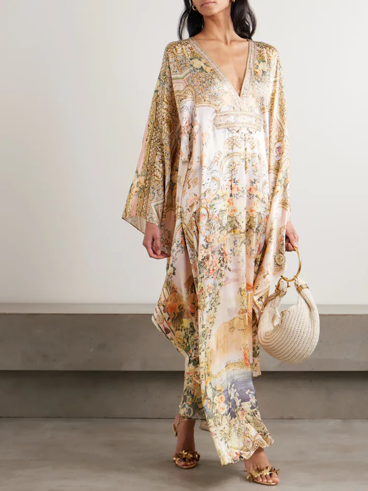 Crystal-Embellished Printed Silk Kaftan