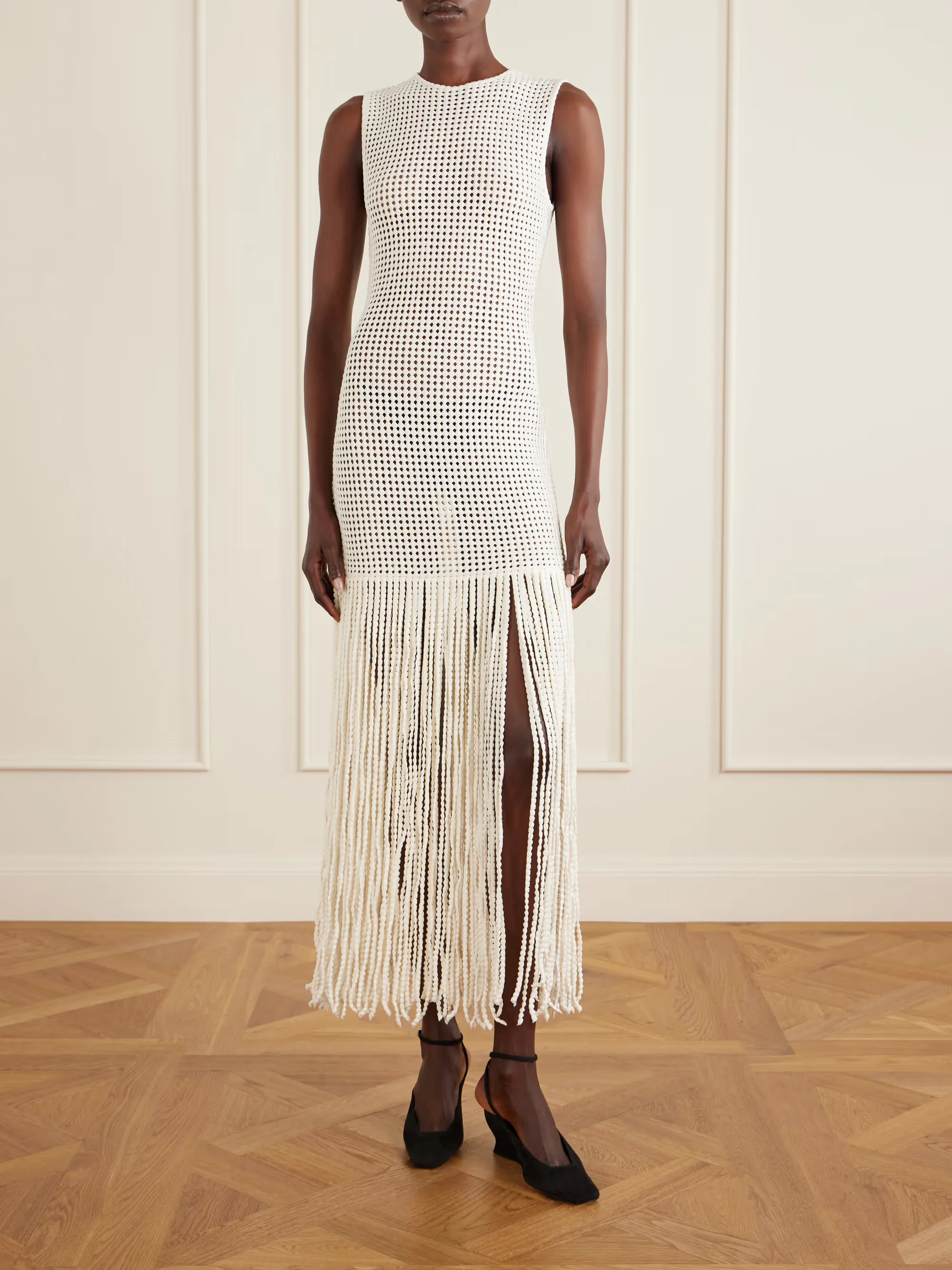 ALAÏA Fringed Open-Knit Midi Dress