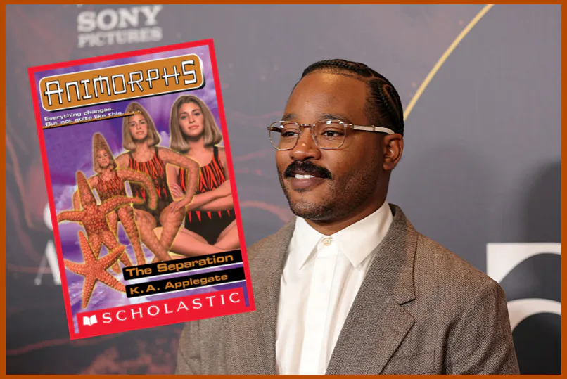 An animorphs book cover collaged with a photo of Ryan Coogler