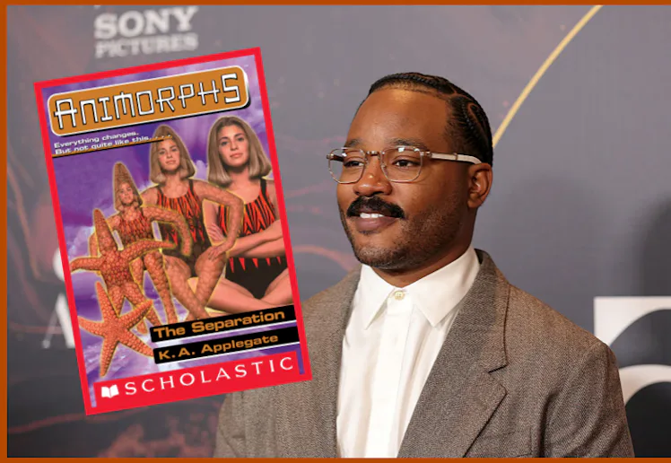 An animorphs book cover collaged with a photo of Ryan Coogler