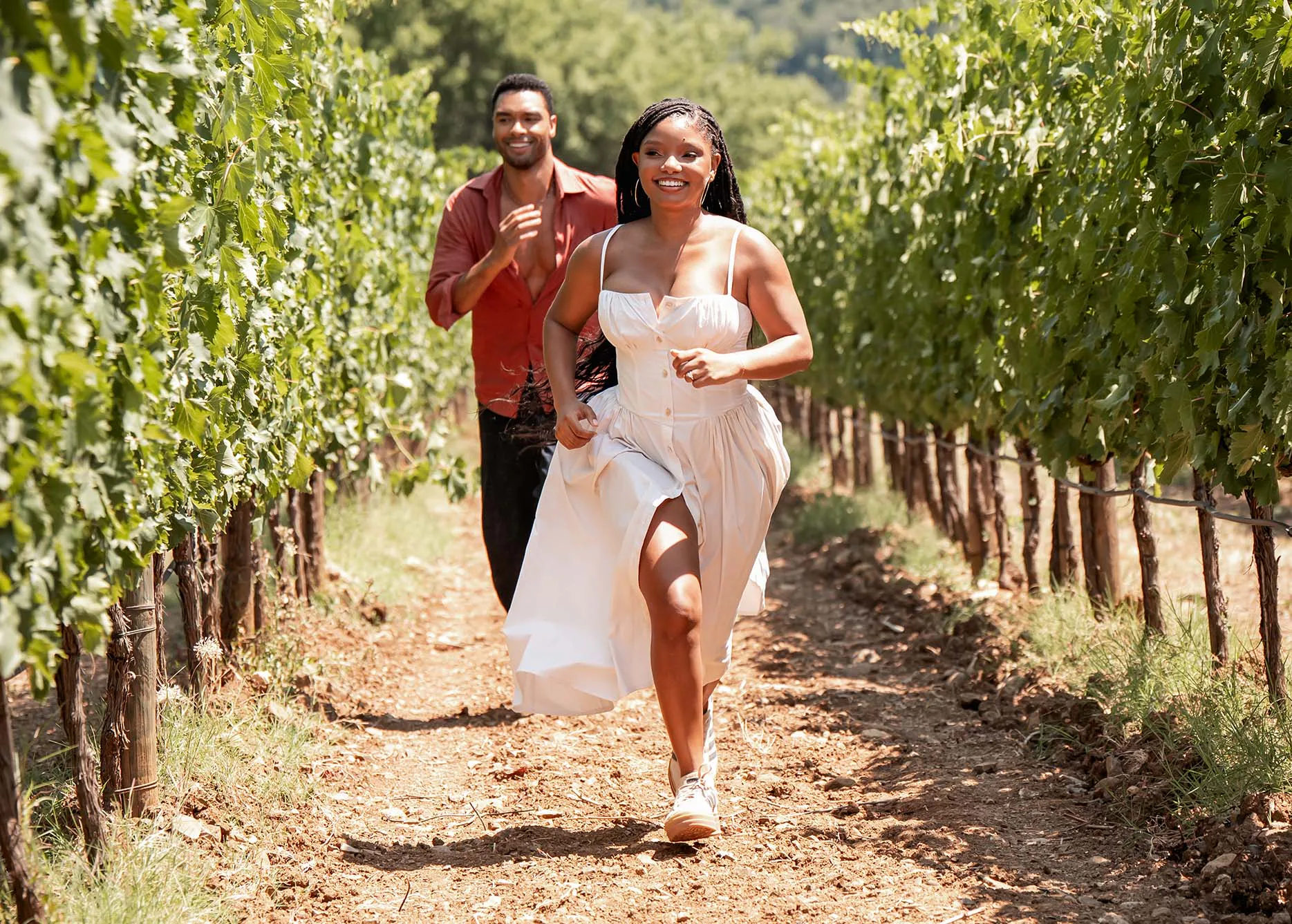 Halle Bailey and Regé-Jean Page in You, Me, & Tuscany. Photo via Universal Pictures