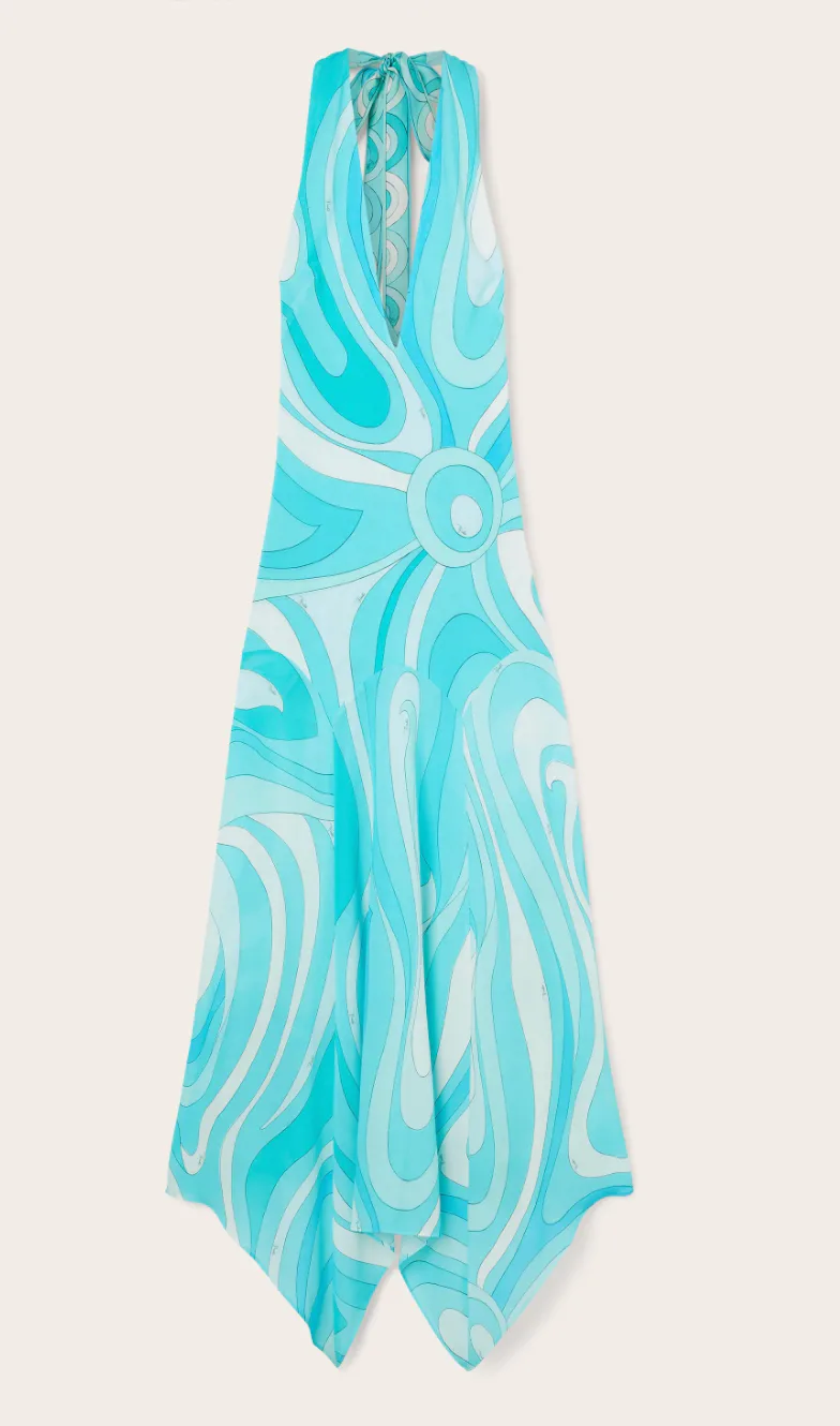 Marmo Print V-neck Dress with Asymmetrical Hem