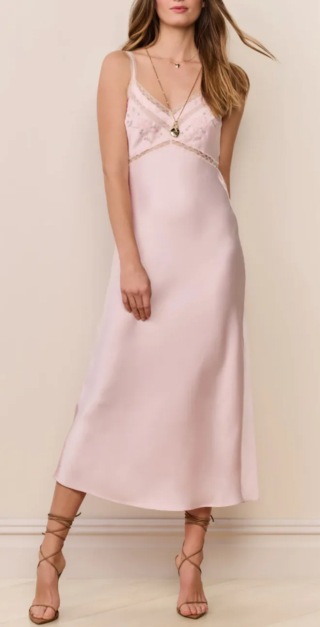 Annabeth Embroidered Satin Midi Dress