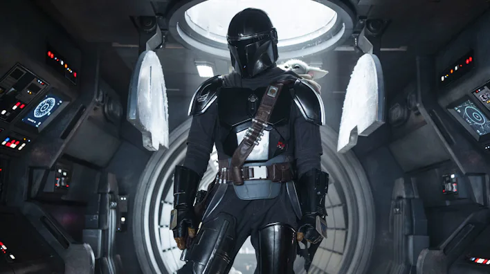 Din Djarin (Pedro Pascal) and Grogu in The Mandalorian and Grogu