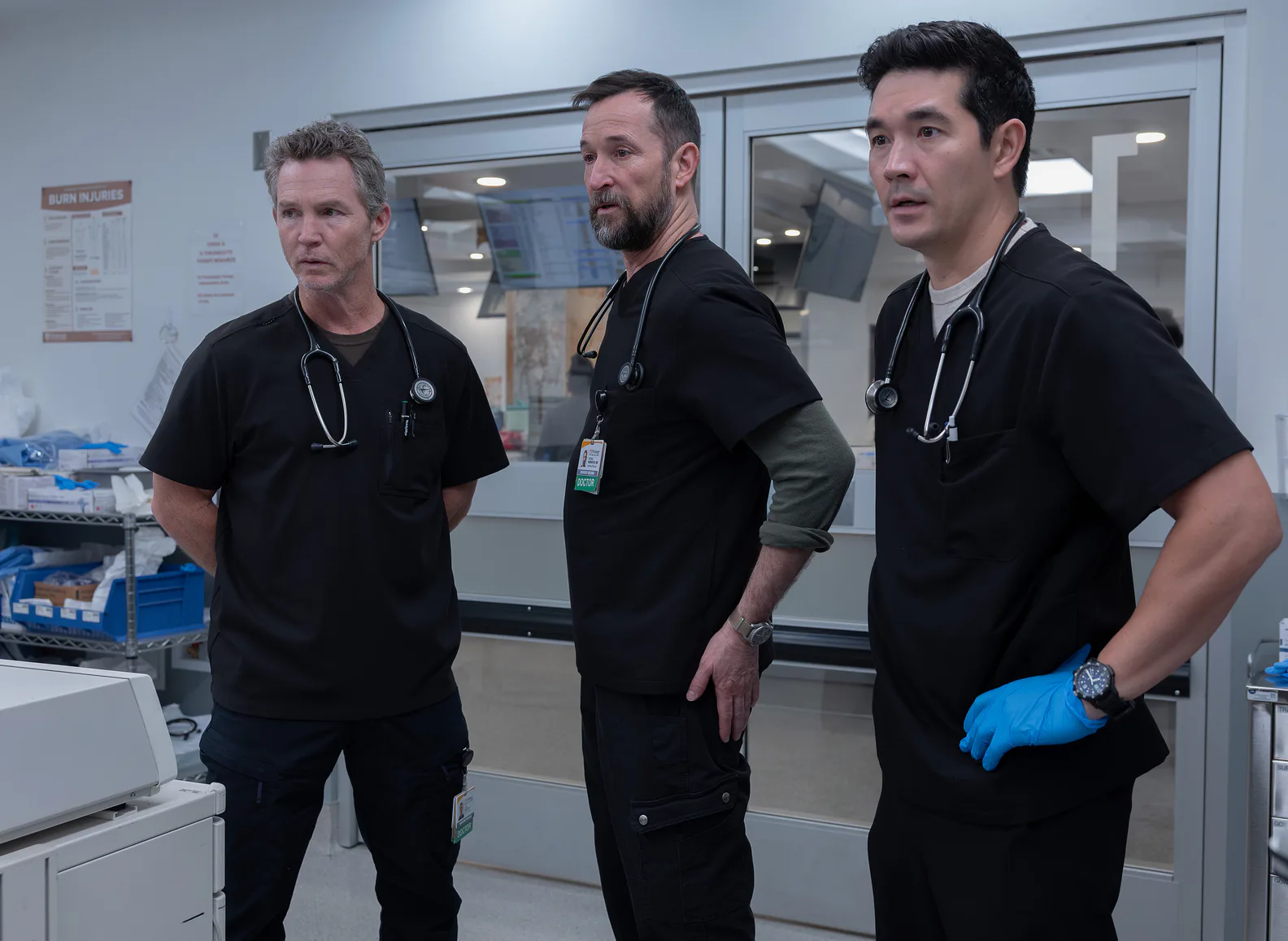 Shawn Hatosy, Noah Wyle, and Ken Kirby on The Pitt. Photo via HBO Max