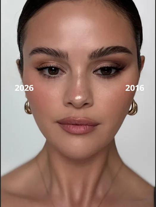 selena gomez in 2016-era full glam versus a clean girl makeup look